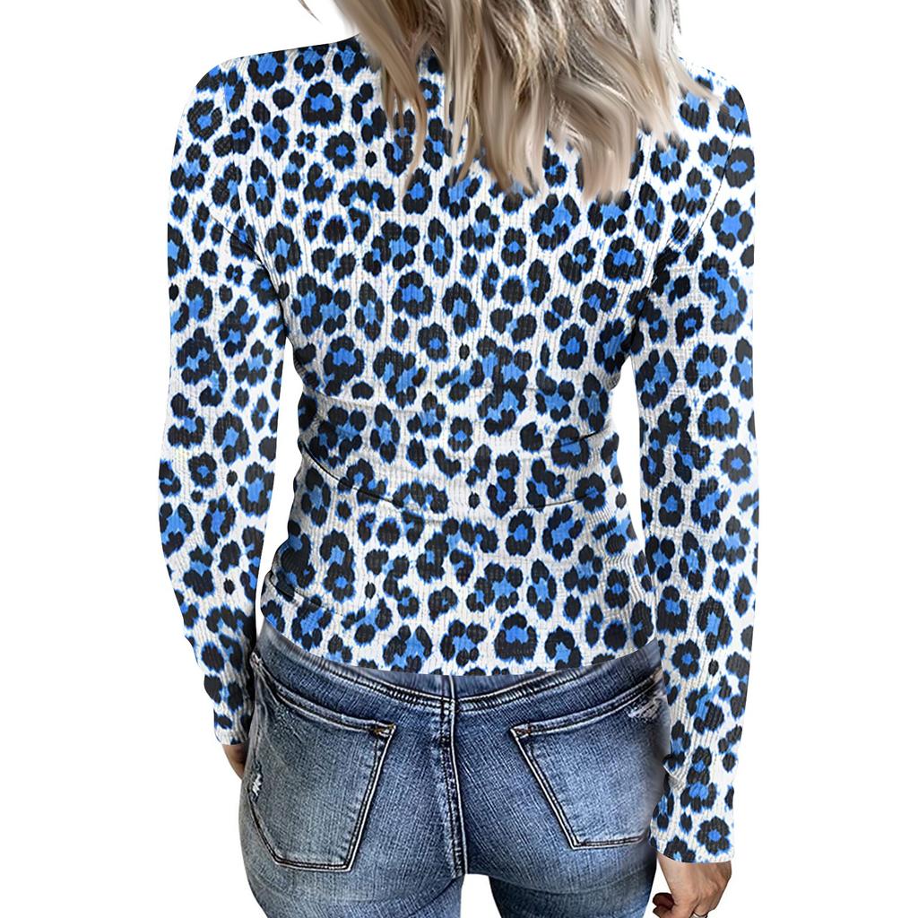 Dames Casual Luipaardprint Geribbelde Gebreide Top, Lange Mouwen, Ronde Hals
