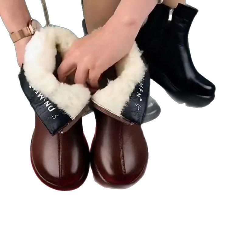 Soft leather short boots women's autumn and winter 2025 new velvet mother shoes muffin thick-soled Martin boots thickened cotton boots women's boots