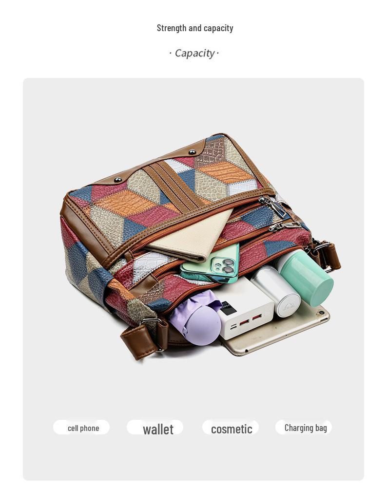 Stylish Retro Patchwork Shoulder Bag: Soft Leather, Large Capacity, Multi-Pocket Design for Versatile Use