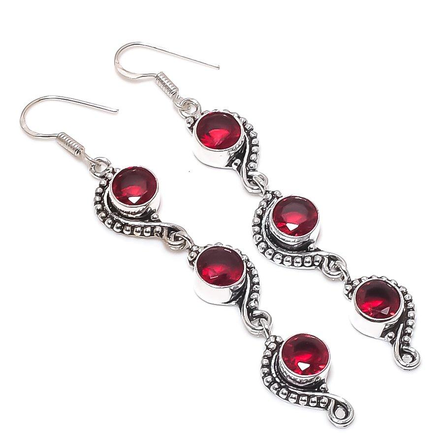 Natural Garnet Gemstone Handmade 925 Sterling Silver Jewelry Earring 3.27" m6k95