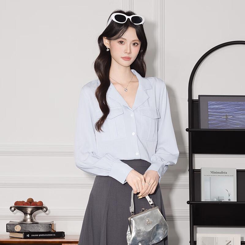 Women's Elegant Lapel Pocket Long Sleeve Shirt