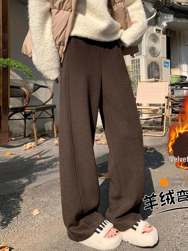 Women's Cozy Off-White Cashmere Wide-Leg Pants, Winter 2026, High-Waisted, Fleece-Lined, Casual Glutinous Rice Style.