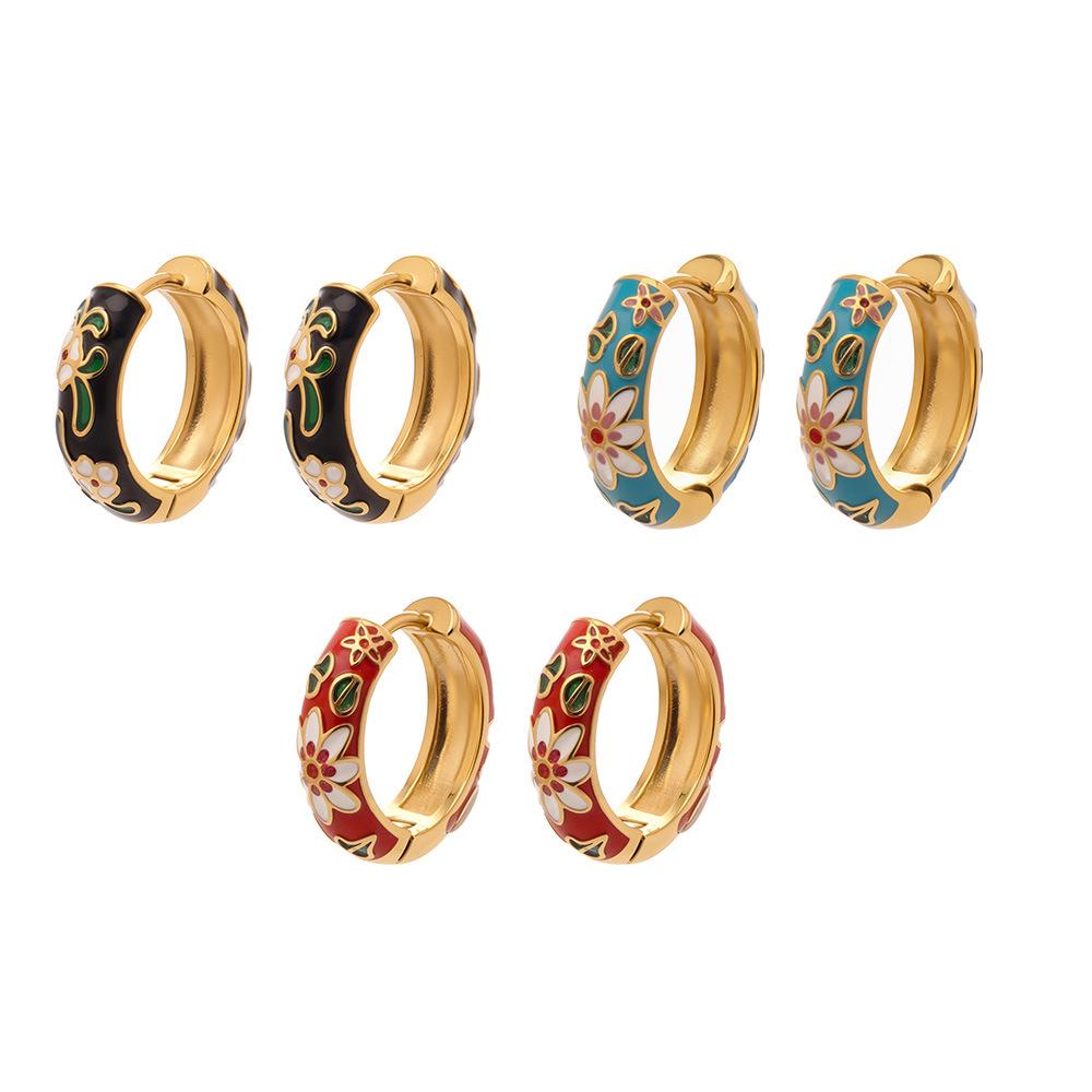 18k Gold-Plated Enamel Camellia Hoop Earrings - Stainless Steel, Fade-Resistant, Light Luxury Design