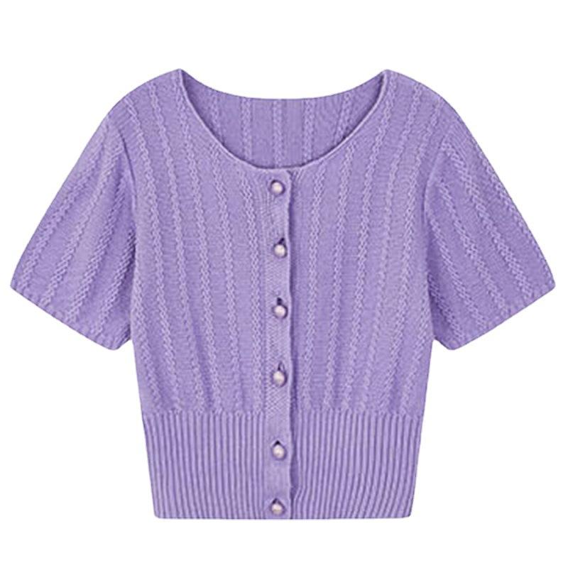 Beautiful Purple Blouse Tide Short-sleeved Cardigan Summer Outside The Short Section Slim T-shirt Knit Shirt Tops Female Casual Pullovers Tees