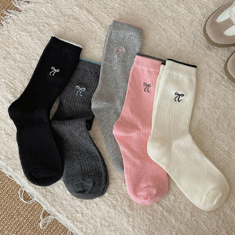 Pretty ribbon color blocking ribbed mid-calf women s socks dark gray