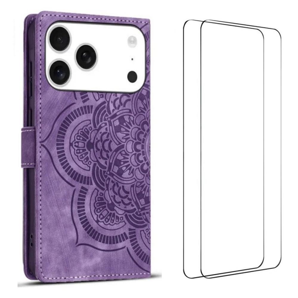 

WANLONFENG MTL Series For iPhone 17 Pro Case with 2Pcs Tempered Glass Film Mandala Leather Phone Cover Purple