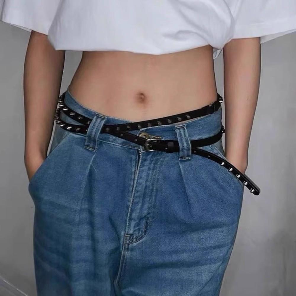 Double Loop Leather Waist Belt Extra Long Dress Jeans Belt Simple Women's Rivet Belt Streetwear