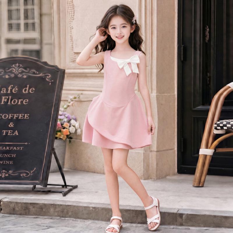 Girls' 2026 Summer Bow Dress: Sleeveless, Fashionable, Elegant Skirt