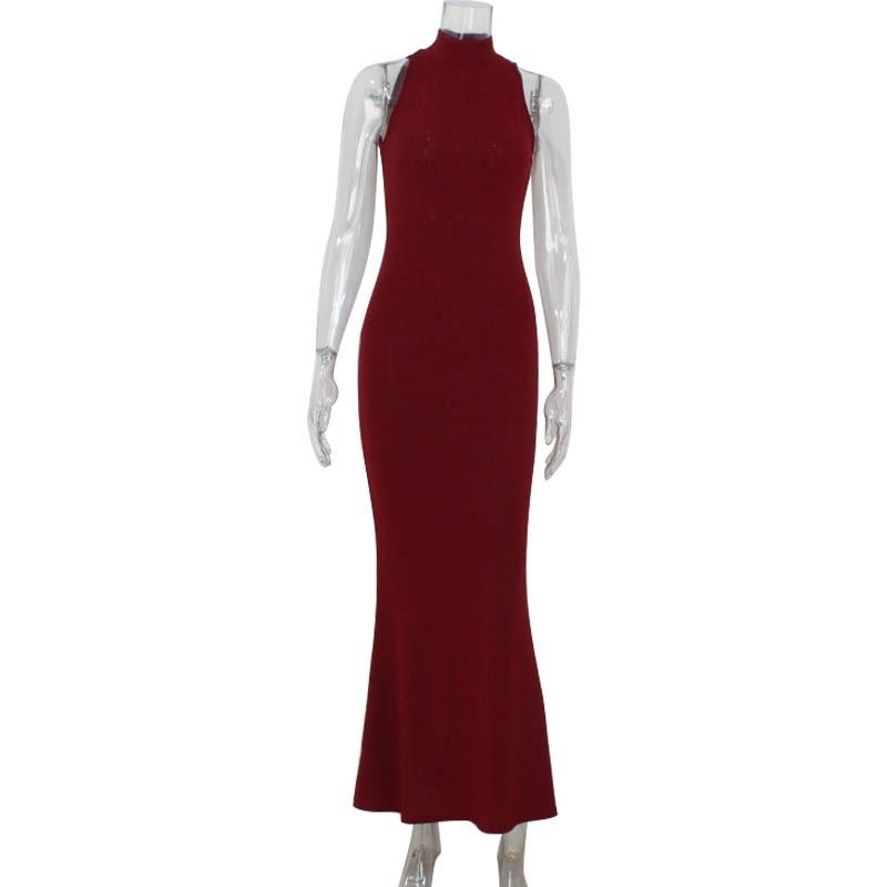 Women's Fashion Halter Sleeveless Flash Slim Dress Solid Color Dinner Dress