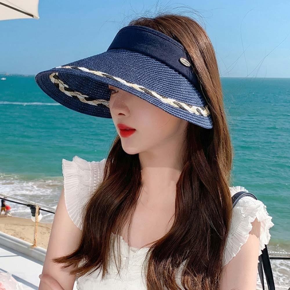 Portable Wide Brim Woven Cap Solid Color Sunscreen Empty Top Hat Travel Straw Visor Cap  Summer