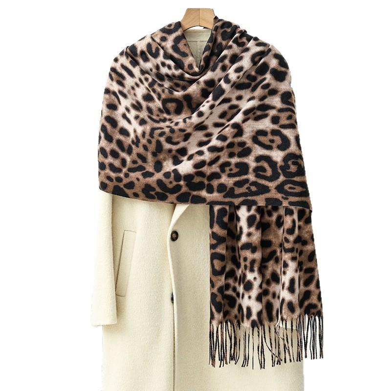 Womens Lightweight Faux Cashmere Scarf With Leopard Print - Korean Style Winter Shawl Soft Draping Wrap