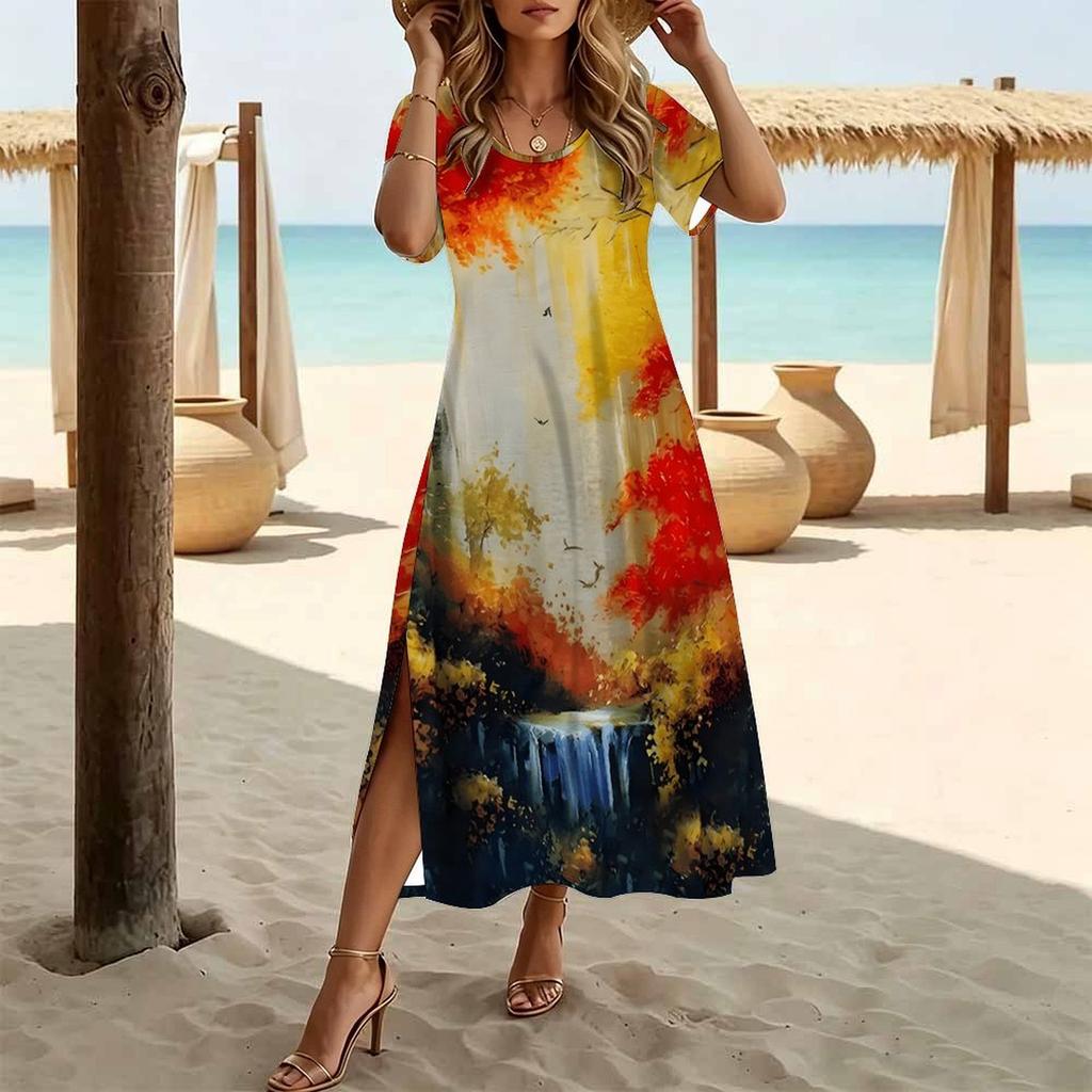 Women Fashion Round Neck Splashing Ink Gradient Grid Printed Short Sleeve Side Slit Dress Casual Vacation Dress Long Loose Dress