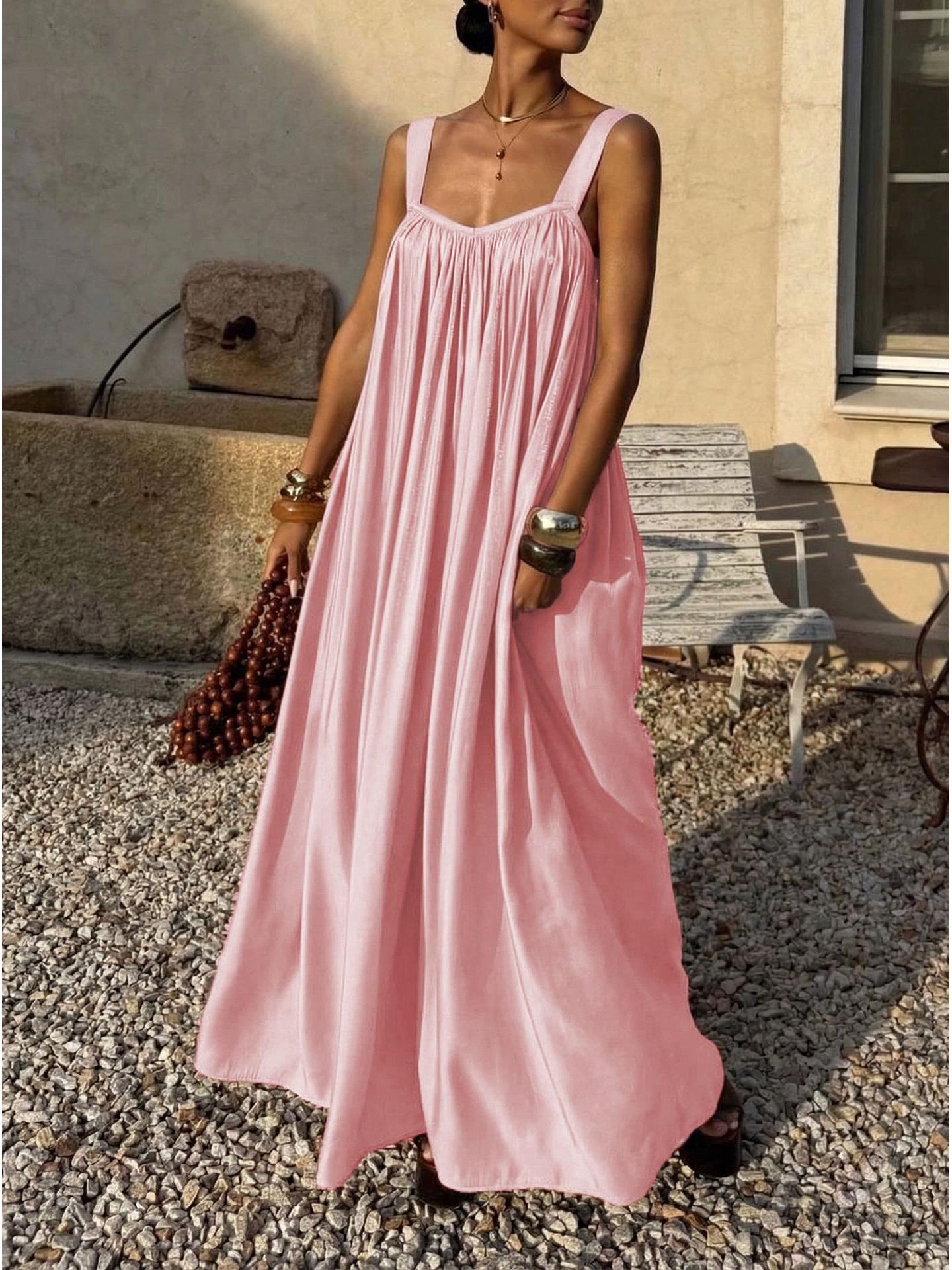 Elegantes Sommerkleid mit französischen Falten und Spaghettiträgern mit Rückenausschnitt XL rosa