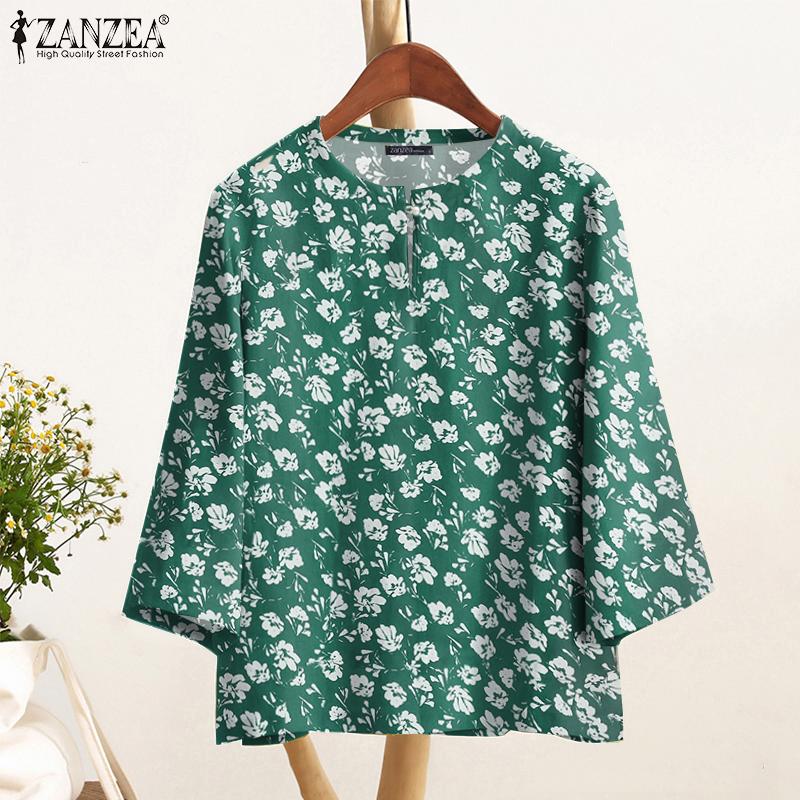 ZANZEA Women Round Neck 3/4 Sleeve Casual Floral Blouse