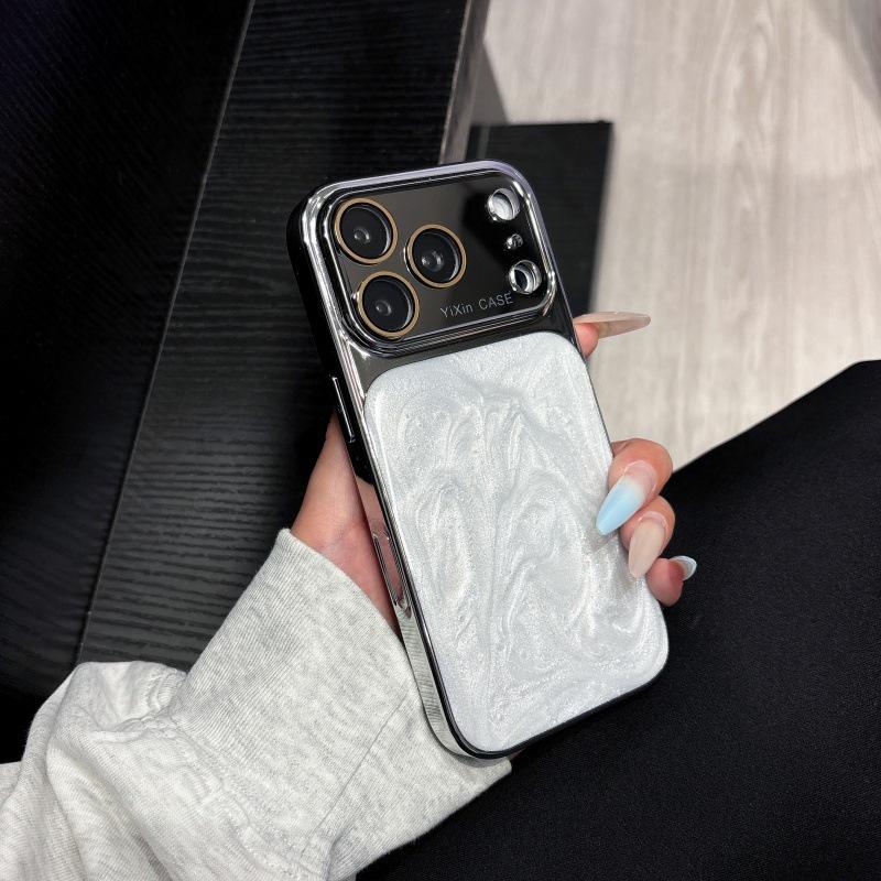 Elegant White Resin Apple Phone Case: Full Coverage for iPhone 13, 14, 15, 16 Pro Max, Large Window, Electroplated Finish for Women