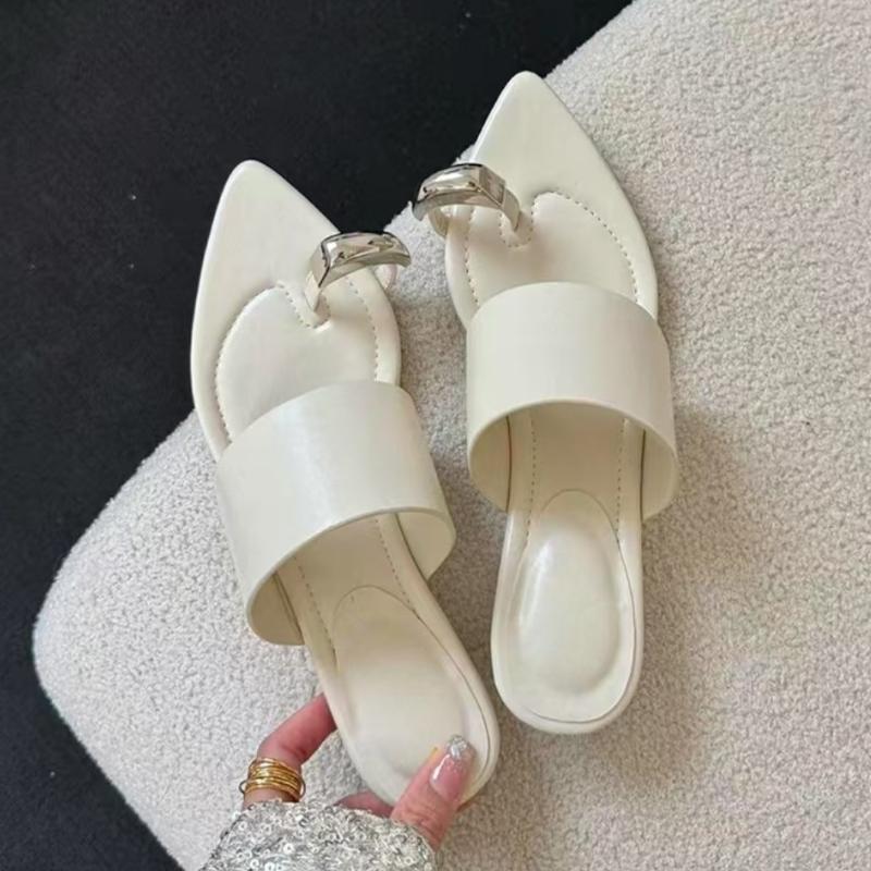 Fashion Fashion Metal Decoration Wedges Set Toe Slippers Women Sexy Pointed Toe Summer Slide Sandals Comfort Non Slip Beach Flip Flops