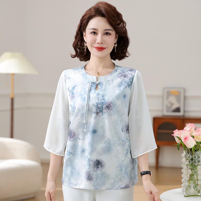 Women's Summer Chiffon Blouse: New Chinese Style, National Influence T-Shirt for Middle-Aged & Elderly with Seven Sleeves.
