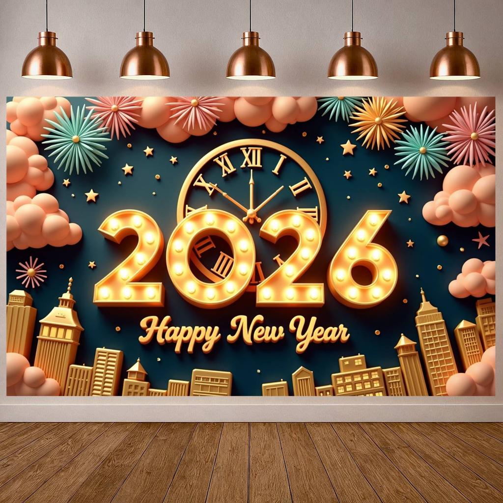Clock Tower Banner Festive Decor New Year Backdrop New Year Eve Backdrop Clock Tower Pattern Happy New Year Banner
