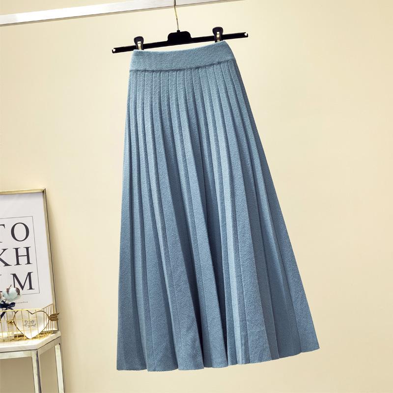 Autumn and Winter High Waisted Knitted Skirt for Women Mid Length Pleated Skirt