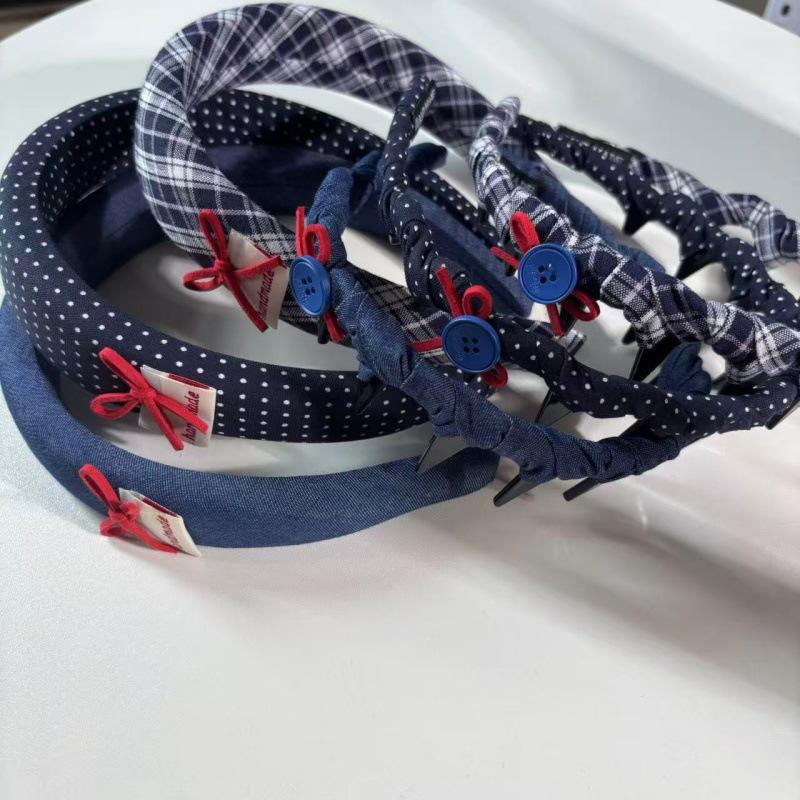Korean Retro Polka Dot Plaid Button Headband & Versatile Large Intestine Hair Tie Set
