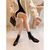 2025 Metal Square Buckle High-heeled Elastic Boots Square Head Thick Heel Commuting Large Size French Short Boots Women's Spring and Autumn Single Boo