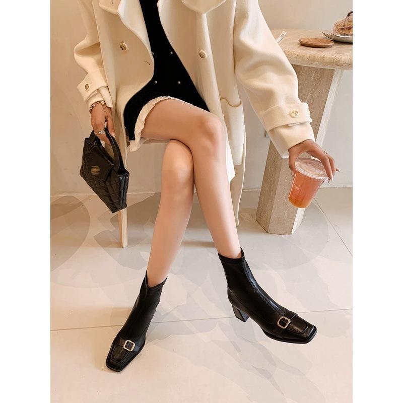 2025 Metal Square Buckle High-heeled Elastic Boots Square Head Thick Heel Commuting Large Size French Short Boots Women's Spring and Autumn Single Boo