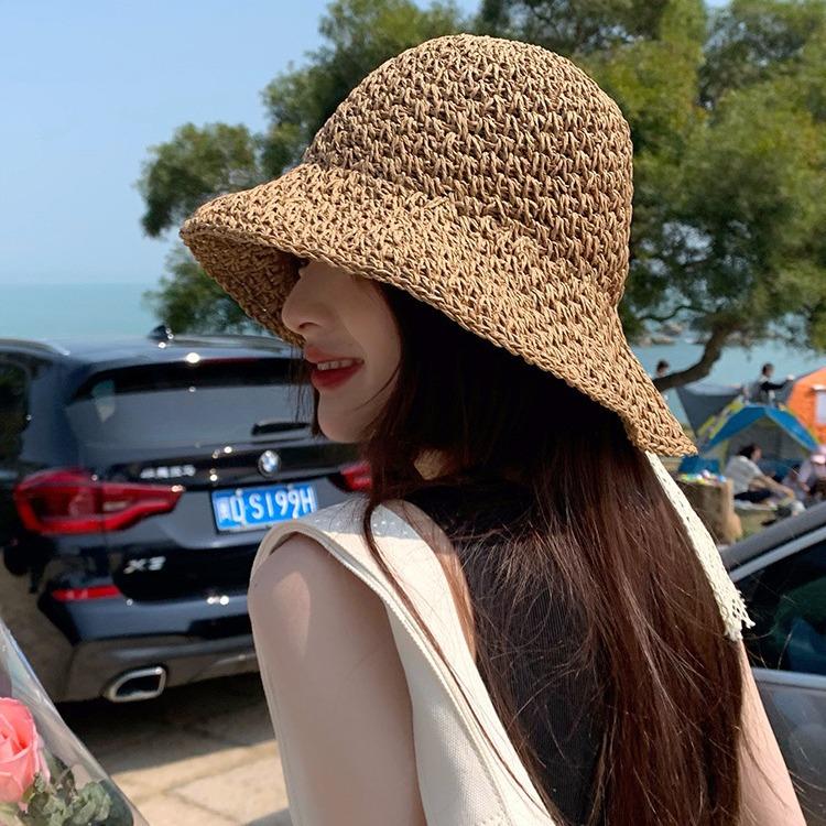 Lace strap straw hat women's summer beach sun hat seaside outing face protection sun hat