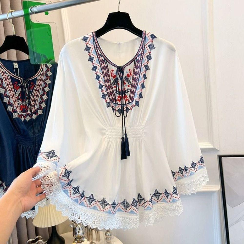 

Embroidery Bohemian Style T-shirt Loose Ethnic Style Tops Simple Short Sleeve T Shirt Summer XL білий