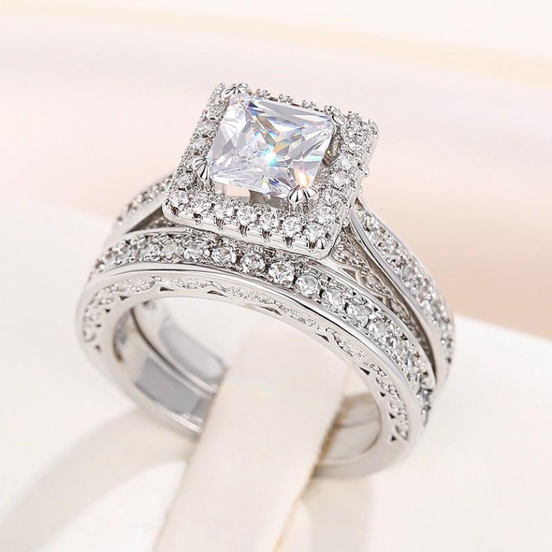 Xiaomi Huitan Princess Square CZ 2Pcs Set Rings for Women Luxury Trendy Female Accessories Engagement Wedding Party Elegant Jewelry
