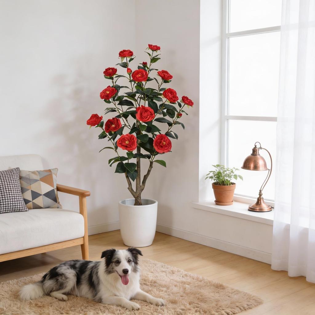 Artificial Camellia 3ft Fake Artificial Potted Silky Interior Living No Watering Required Plant, (approx. 90cm), Greenery, Flower, Plant, Leaves,