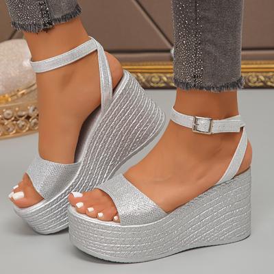 Women's Silver Platform Sandals with Ankle Strap Fashion Chunky Wedge Sandals Woman Summer 2026 Thick Sole Beach Sandalias Mujer