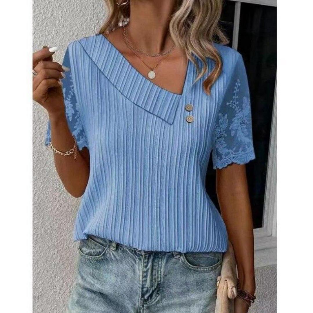 

Кружевная блузка с коротким рукавом, летняя элегантная женская повседневная футболка, топы для женщин, свободная повседневная рубашка с простыми пуговицами M