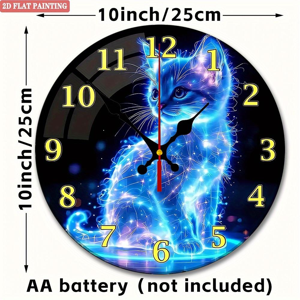 Neon Cat Wall Clock. Blue galaxy kitten design for home or kitchen. A perfect gift.