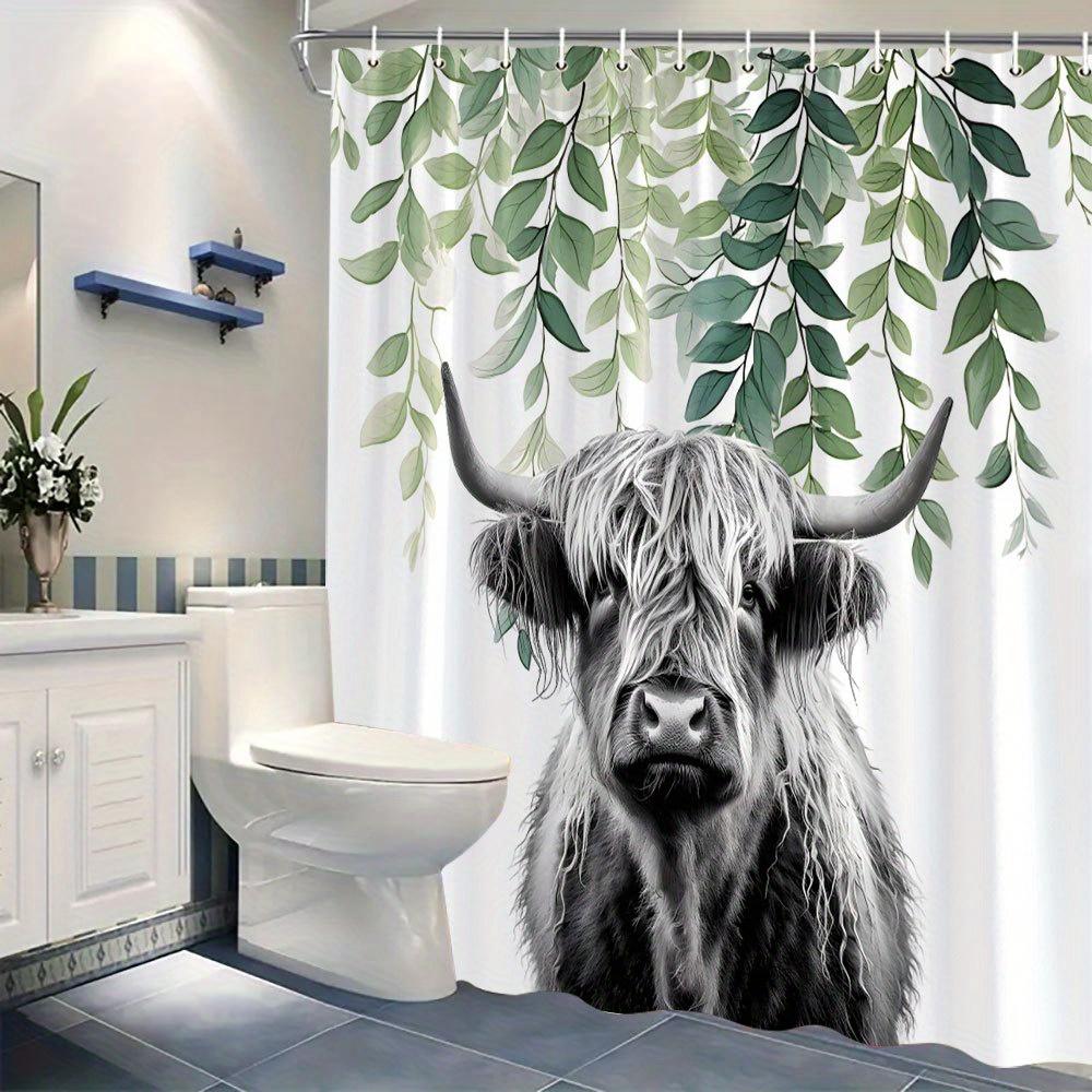 1 Highland Cow Green Leaf Shower Curtain Polyester Bathroom Decor Fluffy White Hair with Hook for Bathroom Decoration