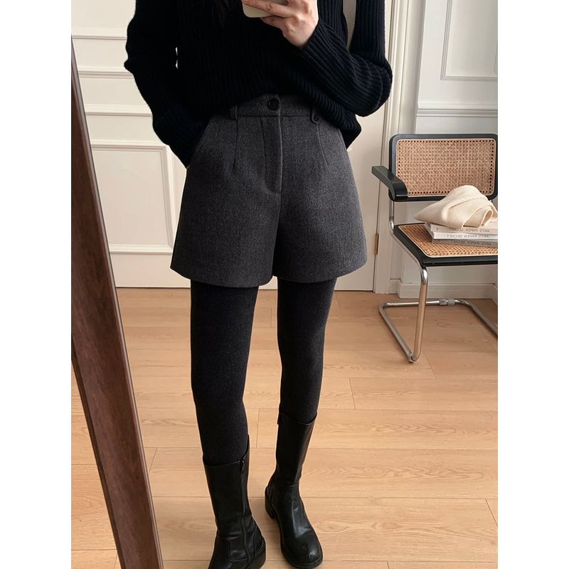 

Sunnijia Korean Style Western Style Women s Semi-Elastic Waist Small A- Shaped Pear-Shaped Slim Looking Elegant Woolen Shorts Dark gray XL