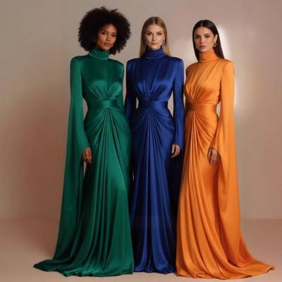 European & American Women's Satin High Neck Casual Formal Dress, High Waist with Lace-up Design, New 2025 Style