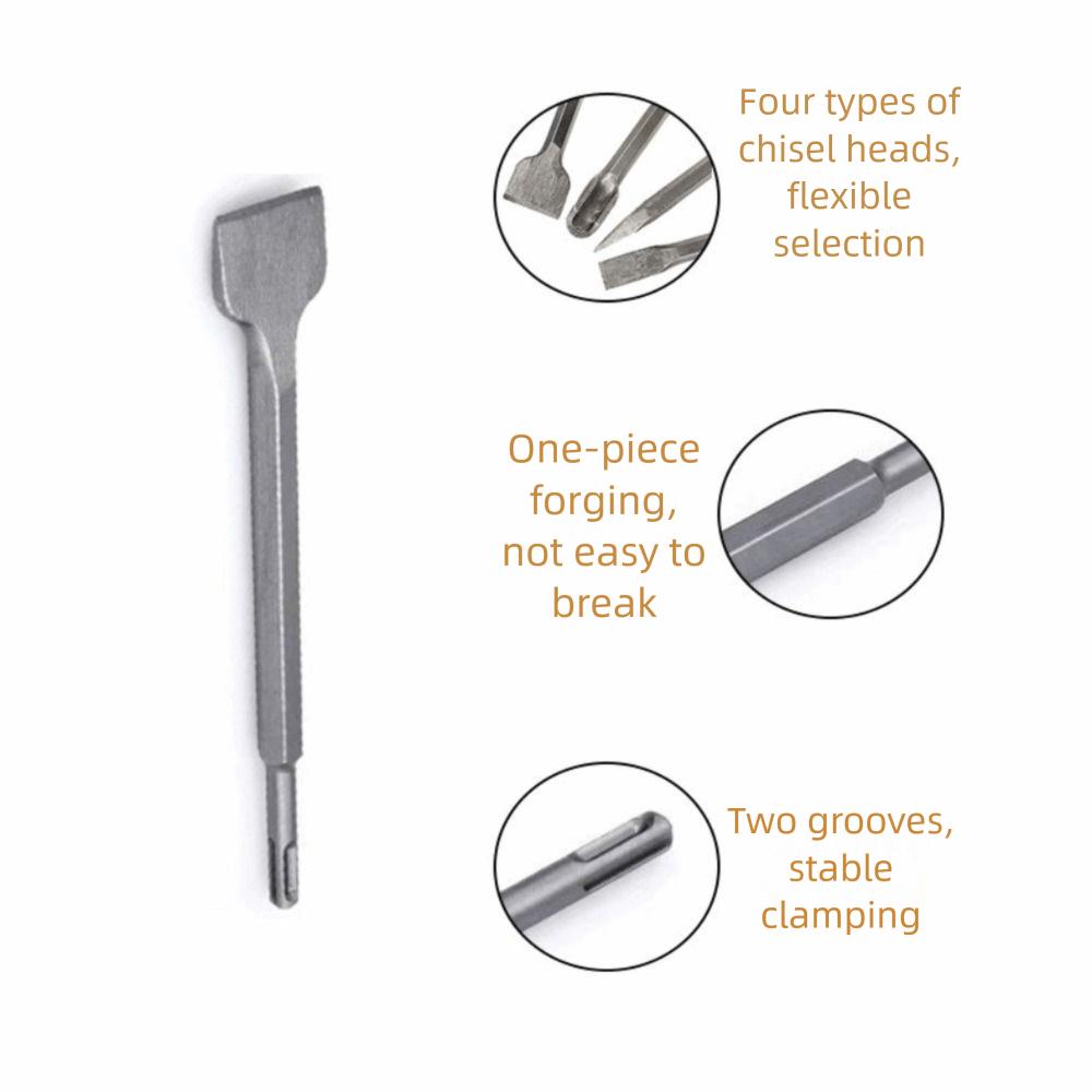 4Pcs Pointed /Flat Bit Hammer Drill Bit Round Shank Rotary Hammer Gouge Set  Tile Slotting
