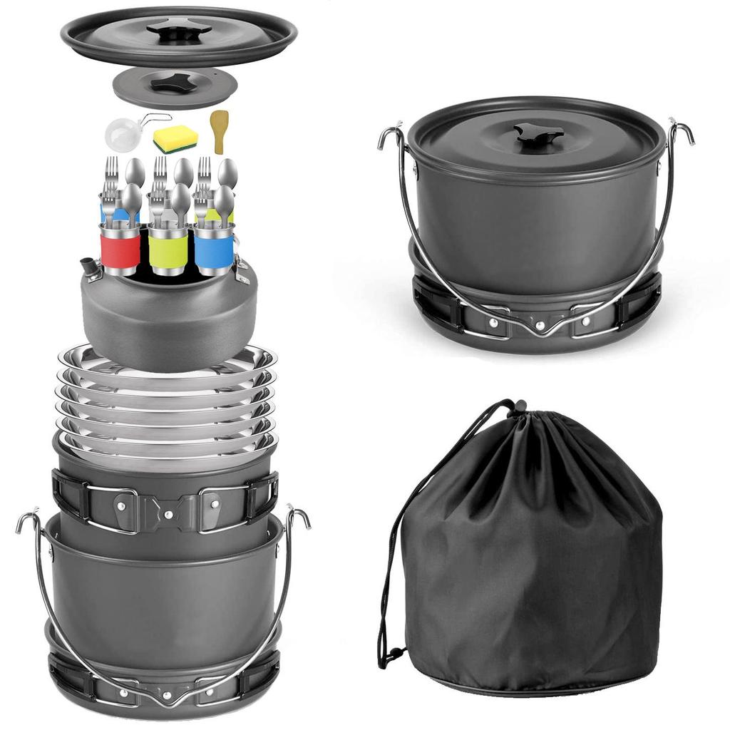 Tetera de Camping para Exteriores de 1.6L y Juego de Utensilios de Cocina Apilables con Olla Colgante y Plato Profundo