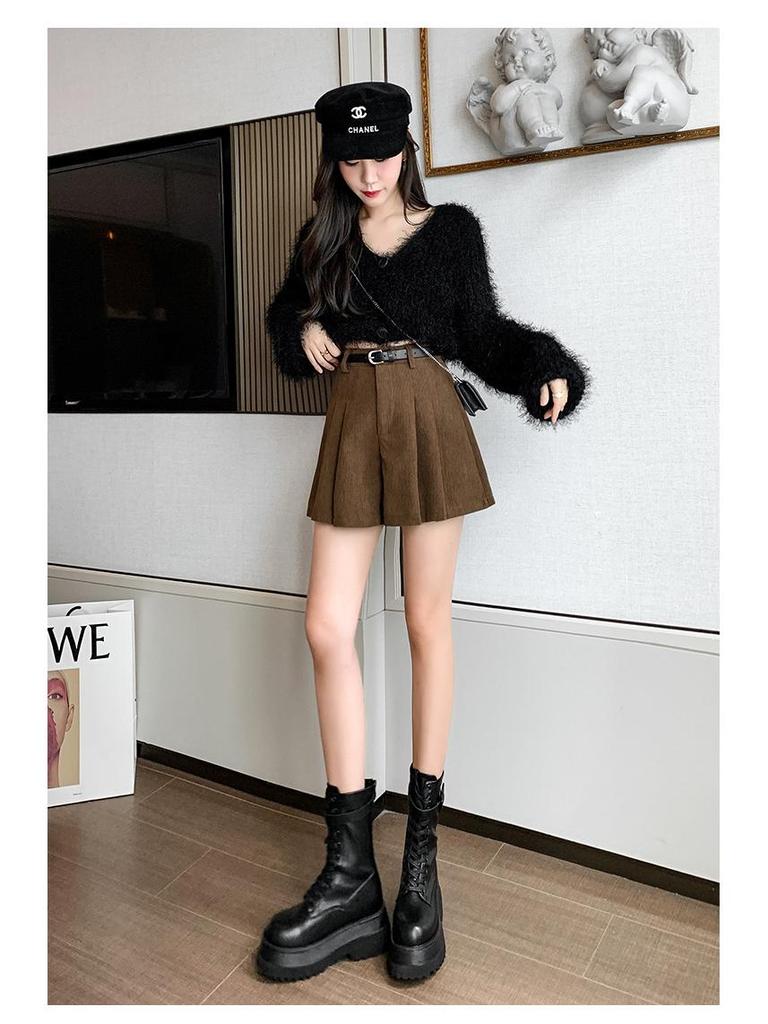 High-Waisted Corduroy Wool Pleated A-Line Skirt Pants for Women - Versatile Winter 2025 Fashion