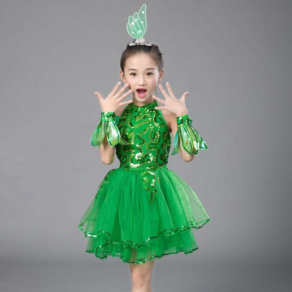 Vestito da Ballo Balletto Bambina Verde Paillettes con Copricapo Polsini Vestito Gonfio Bambine Ragazze