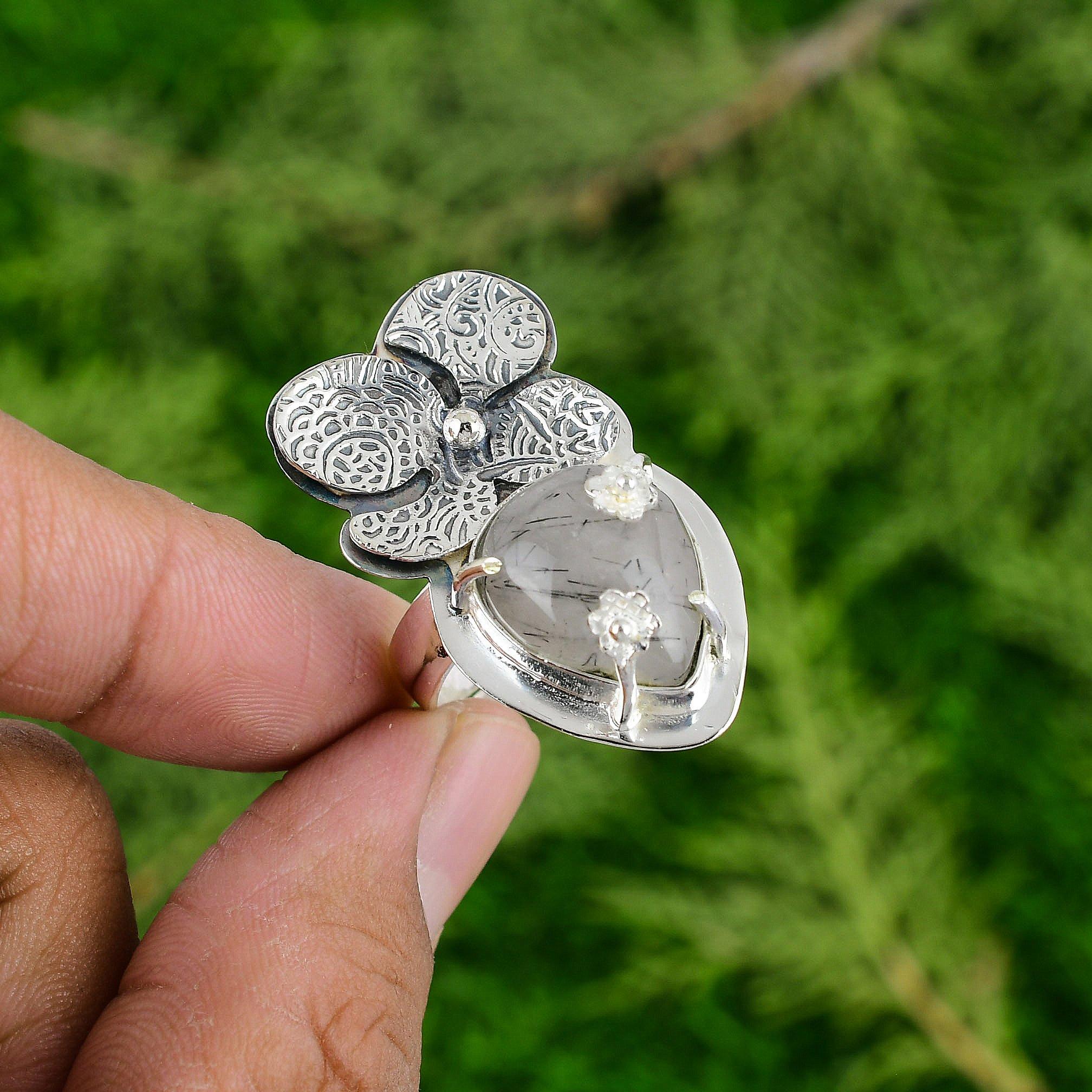 

Natural Black Rutilated Quartz Promise Flower Stackable Ring Jewelry 925 Silver Adjustable