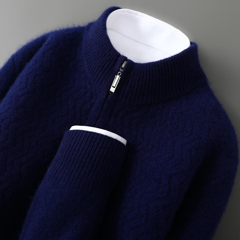 2025 Men's Wool Wave Pattern Zipper Cardigan - Loose Casual Half-High Collar Sweater