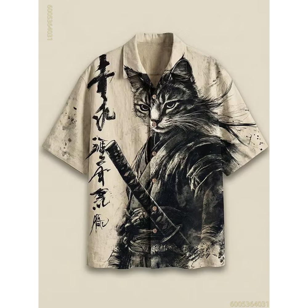 Men's Shirt, Black Cat Riding a Shark, Hawaiian Style, Men's Collared Short-sleeved Shirt, Everyday Commuting and Casual Wear.