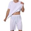 2Pcs/Set Men Sport Tracksuit Round Neck Short Sleeve T-shirt Elastic Waist Wide Leg Shorts Set Ice Silk Solid Color Sleepwear Homewear