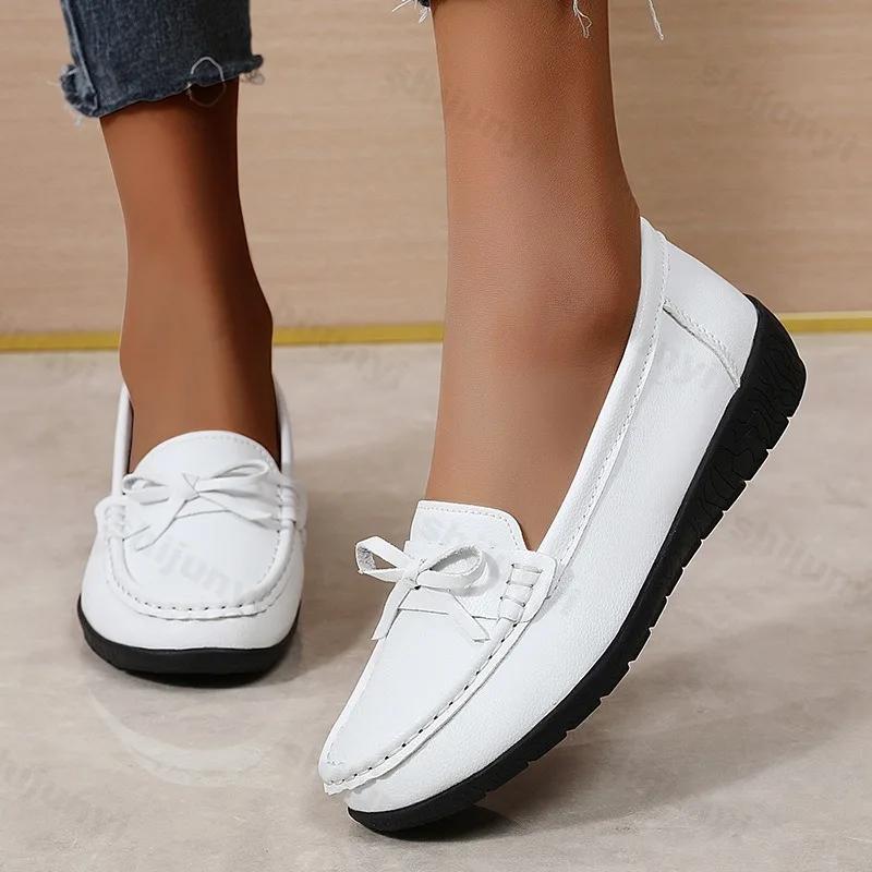 Fashion Women's Shoes Nurse's Shoes Lightweight Comfortable Non Slip Designer PU Leather Bow Plus Size 44 Casual Walking Zapatos Mujer
