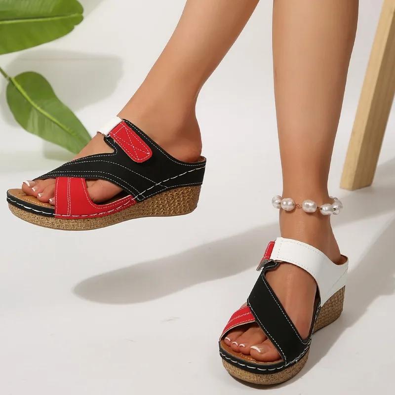 Fashion 2025 Ladies Shoes Peep Toe Women's Slippers Fashion Color Matching Casual Slippers Women Summer Plus Size Wedge Slippers