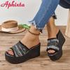 Fashion Aphixta 3.54 Inch Platform Women's Slides Denim Cotton Fabrics Shoes Slippers Jean Wedge Heel Beach Plus Size 42 43
