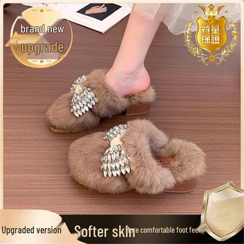 Autumn/Winter 2025 Women's Chunky Heel Furry Cotton Slippers - Mid-High Rabbit Fur Mule Shoes