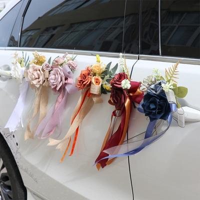 4 Stück Seidenblumen mit Schleife, Autodekoration, Hochzeitsfeier, Autogläser, Verzierungen mit Seidenblumen für den Festival-Look