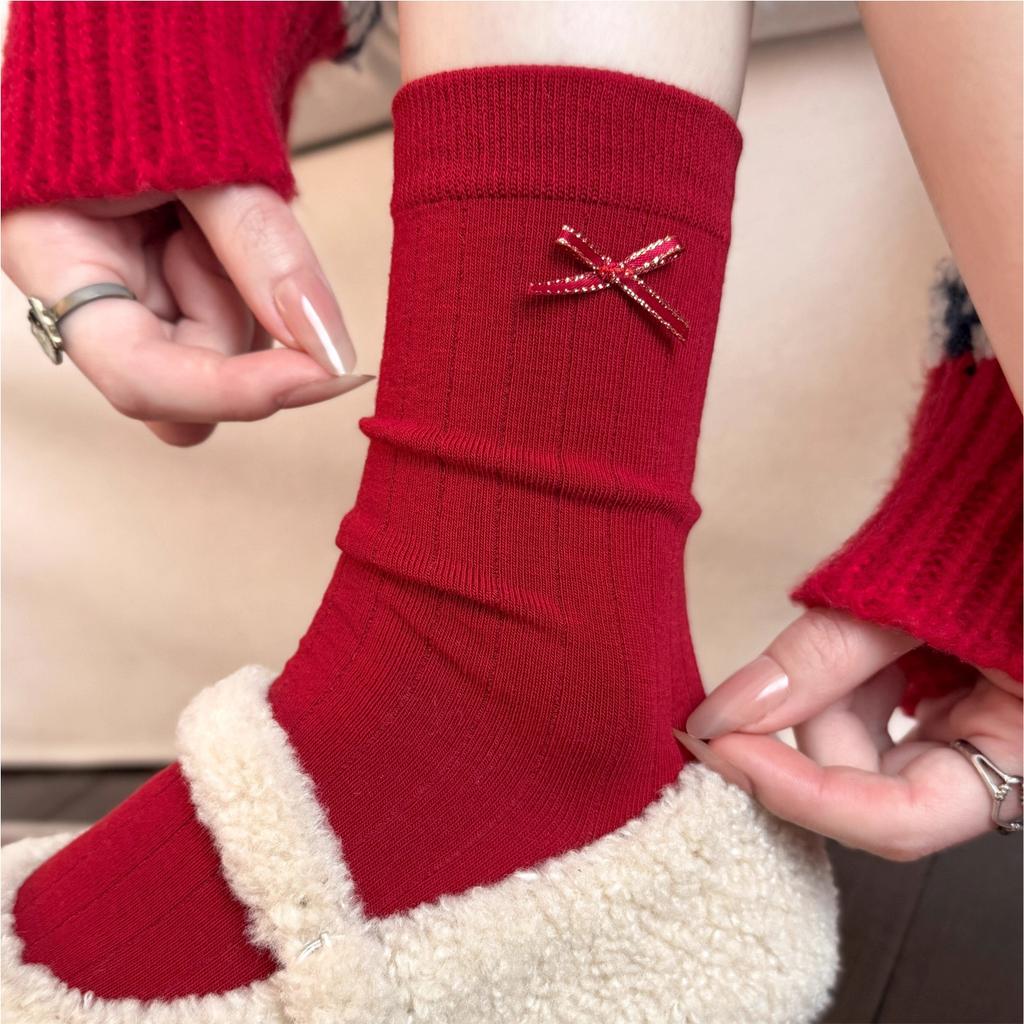 Retro Year Of The Horse Red Striped Medium Tube Socks Women'S Autumn And Winter Warm Lace Stacking Socks Birthday New Year Socks